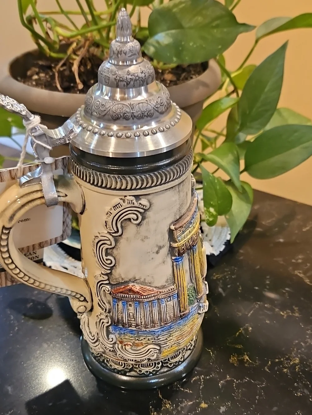 German Porcelain and Pewter Decorative Beer Stein - Multicolor